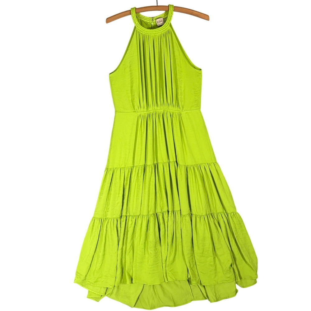Elie Tahari Lime Green Halter Neck Tiered Maxi Dress Size 6 Neon Pleated Fairy‎